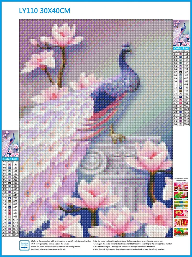 Beautiful Pink Peacock Standing Pink Flowers DIY Diamond Painting Living Room Decotation